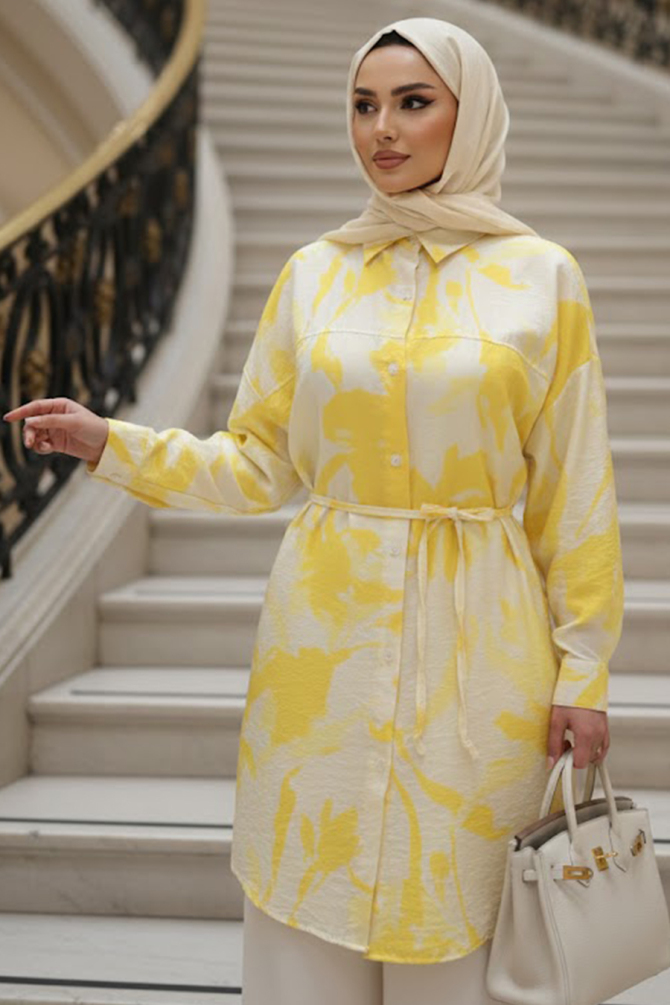 Desenli Sarı Tesettür Tunik 26605SR - 1