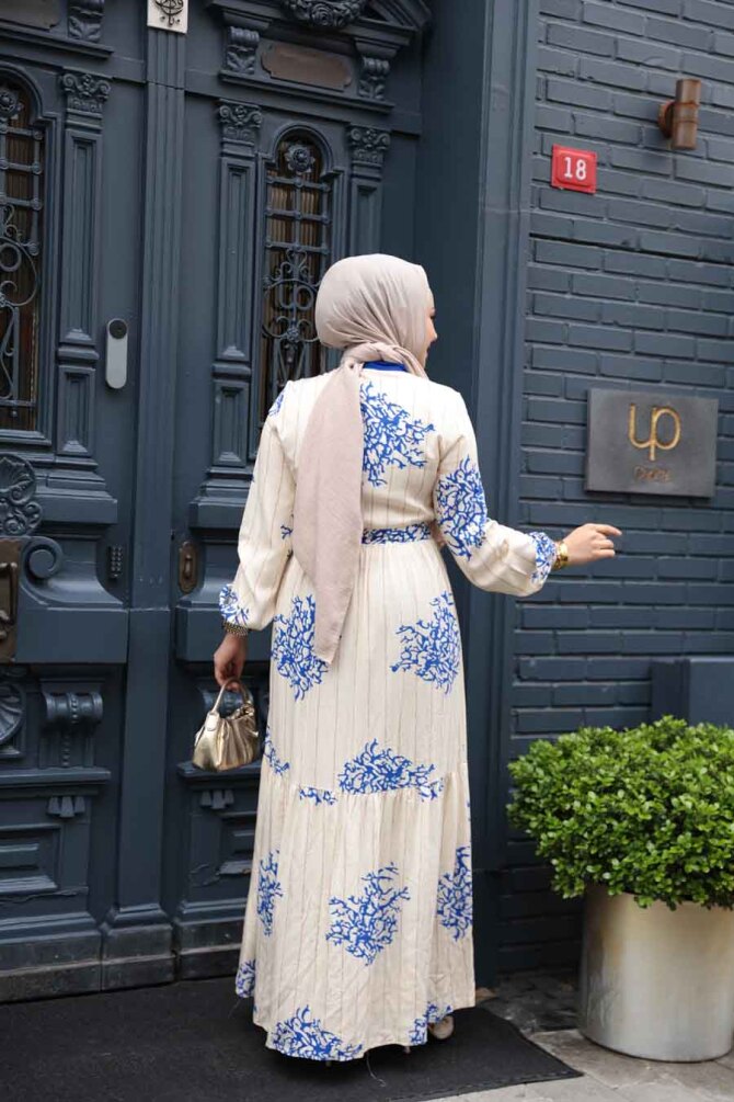 Desenli Sax Mavisi Tesettür Elbise 23925SX - 6