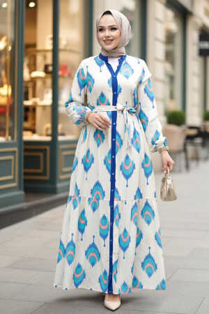 Desenli Sax Mavisi Tesettür Elbise 23926SX 