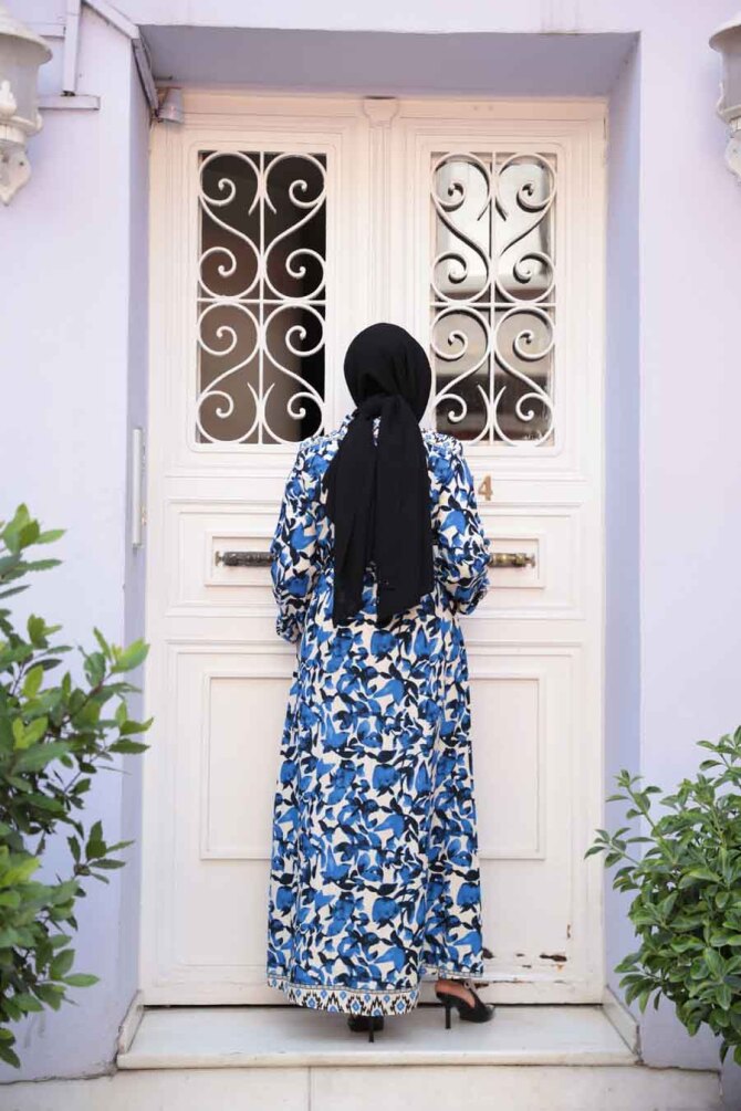 Desenli Sax Mavisi Tesettür Elbise 24081SX - 3