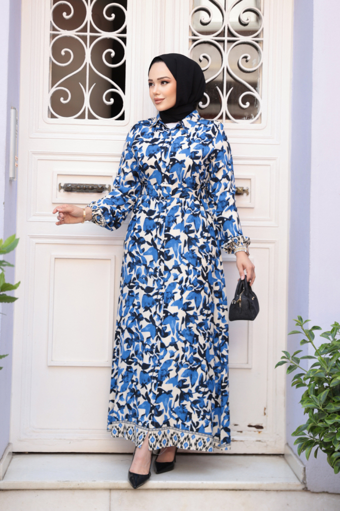 Desenli Sax Mavisi Tesettür Elbise 24081SX - 2