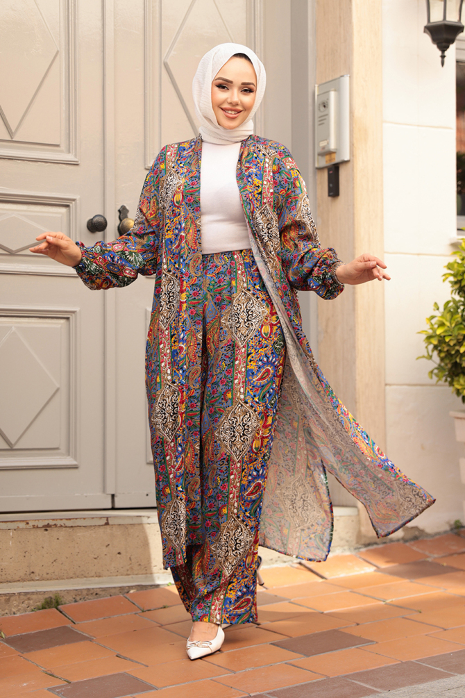 Desenli Sax Mavisi Tesettür İkili Kimono Takım 12885SX - 2