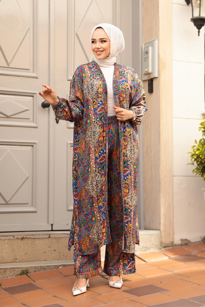 Desenli Sax Mavisi Tesettür İkili Kimono Takım 12885SX - 1