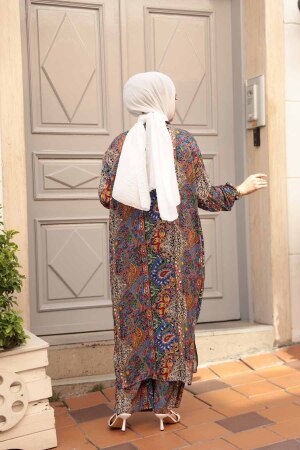 Desenli Sax Mavisi Tesettür İkili Kimono Takım 12885SX - 4