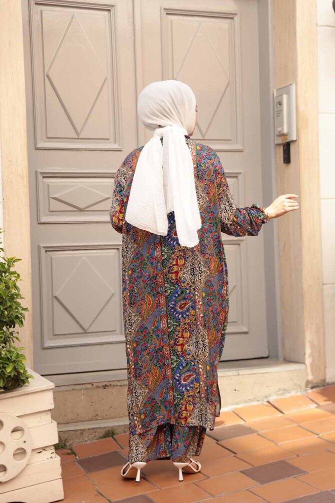 Desenli Sax Mavisi Tesettür İkili Kimono Takım 12885SX - 4
