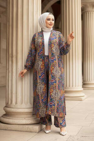 Desenli Sax Mavisi Tesettür İkili Kimono Takım 12885SX - N.S NEVA STYLE