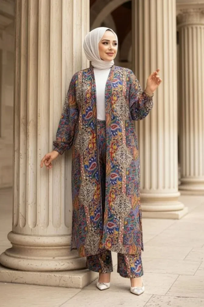 Desenli Sax Mavisi Tesettür İkili Kimono Takım 12885SX - 1