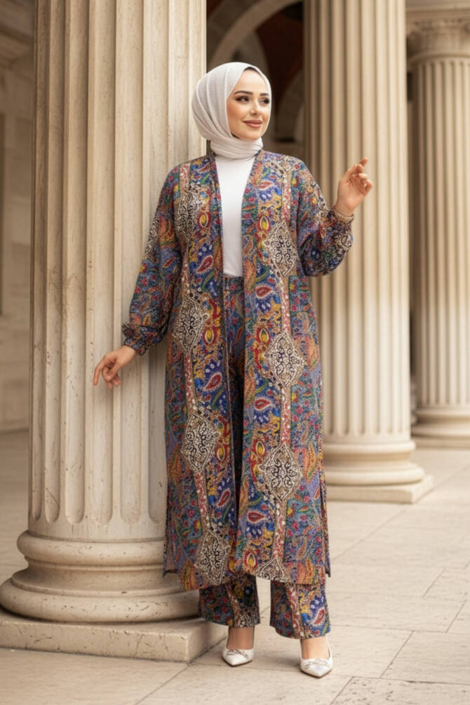 Desenli Sax Mavisi Tesettür İkili Kimono Takım 12885SX - 1