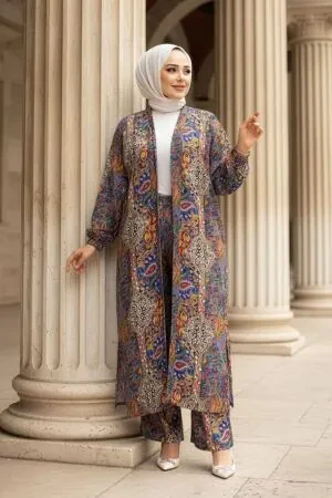 Desenli Sax Mavisi Tesettür İkili Kimono Takım 12885SX 
