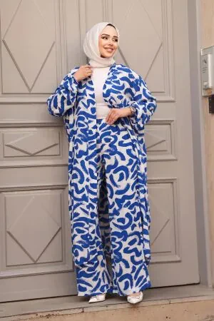 Desenli Sax Mavisi Tesettür İkili Kimono Takım 12886SX - 1