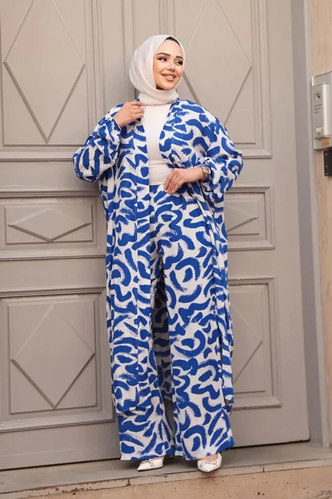 Desenli Sax Mavisi Tesettür İkili Kimono Takım 12886SX - 1