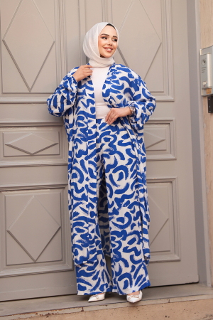 Desenli Sax Mavisi Tesettür İkili Kimono Takım 12886SX - 1