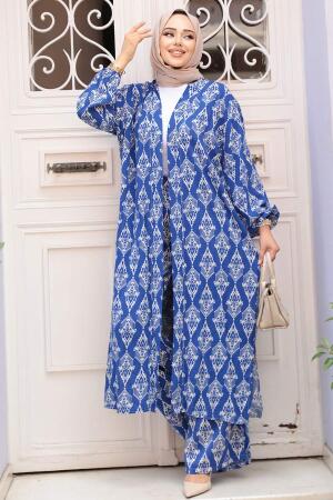 Desenli Sax Mavisi Tesettür İkili Kimono Takım 12888SX - 2