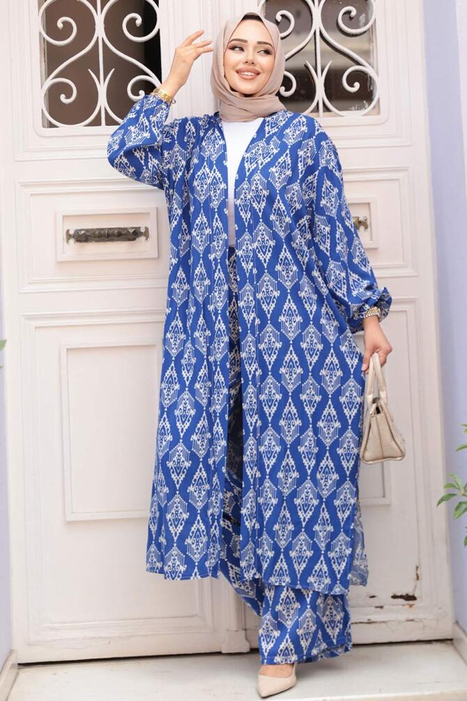 Desenli Sax Mavisi Tesettür İkili Kimono Takım 12888SX - 2