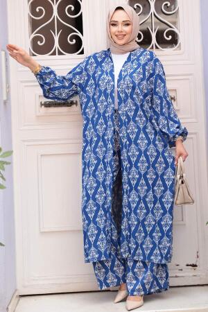 Desenli Sax Mavisi Tesettür İkili Kimono Takım 12888SX - 3