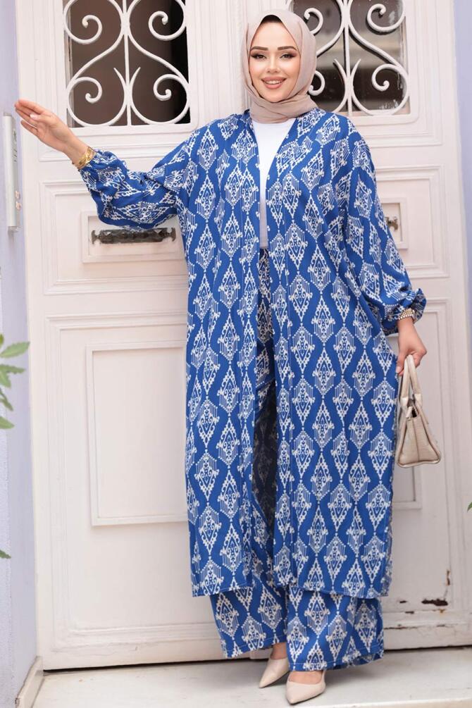 Desenli Sax Mavisi Tesettür İkili Kimono Takım 12888SX - 3