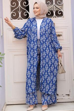 Desenli Sax Mavisi Tesettür İkili Kimono Takım 12888SX - 1