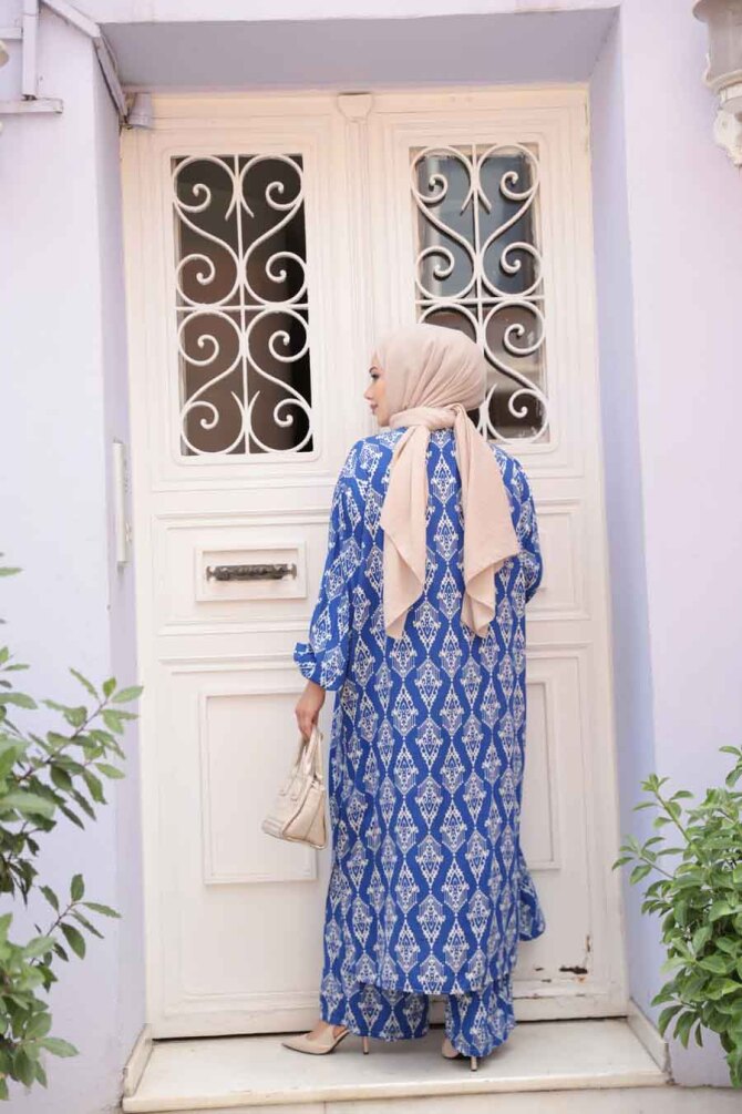 Desenli Sax Mavisi Tesettür İkili Kimono Takım 12888SX - 4