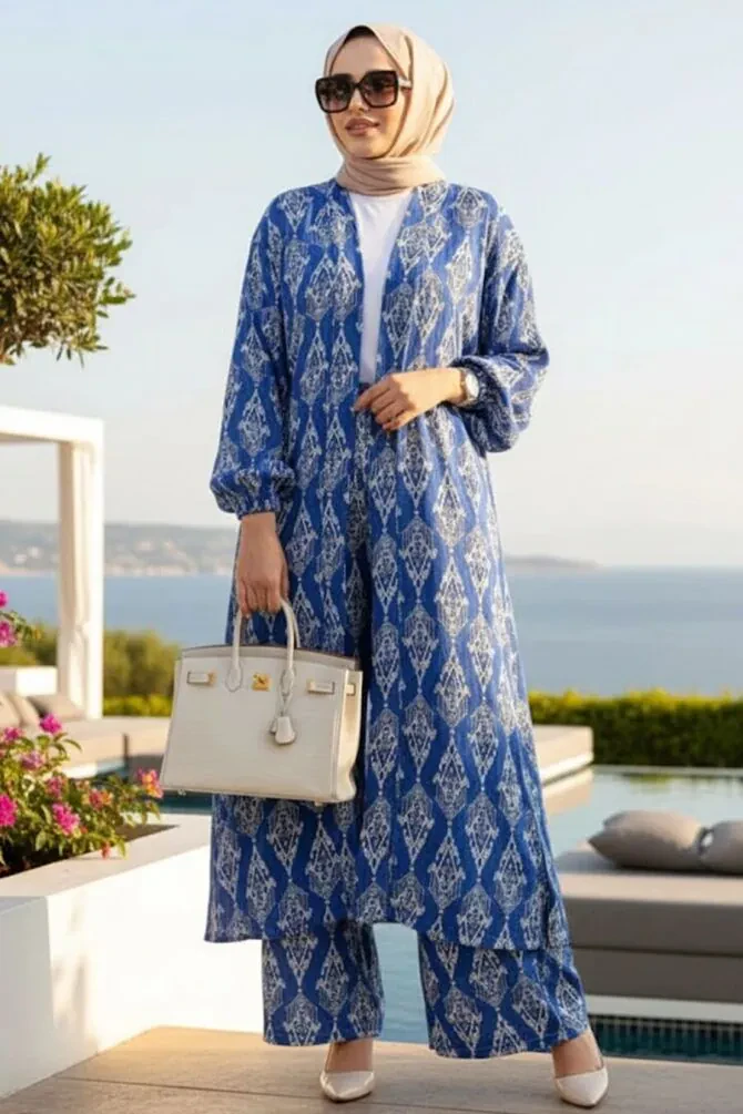 Desenli Sax Mavisi Tesettür İkili Kimono Takım 12888SX - 1