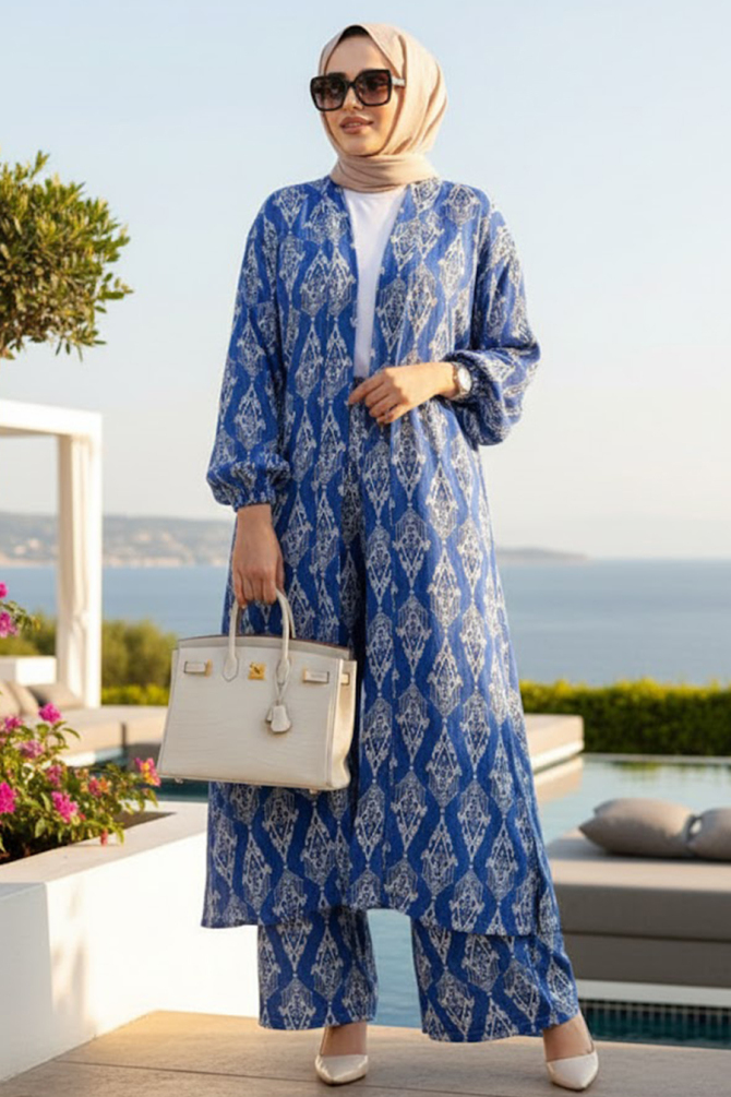 Desenli Sax Mavisi Tesettür İkili Kimono Takım 12888SX - 1