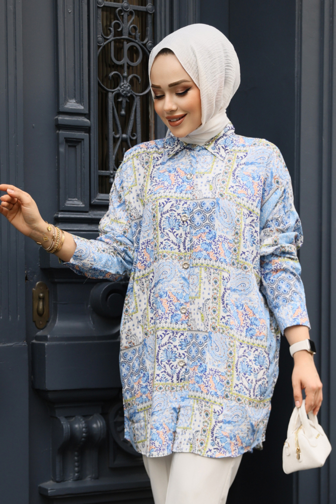 Desenli Sax Mavisi Tesettür Tunik 20410SX - 2