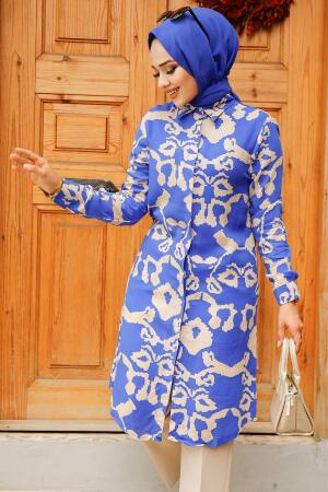 Desenli Sax Mavisi Tesettür Viskon Tunik 11685SX - 2