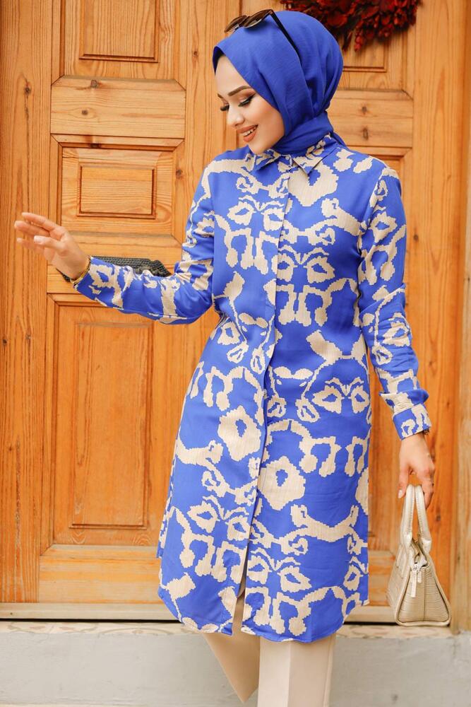 Desenli Sax Mavisi Tesettür Viskon Tunik 11685SX - 2