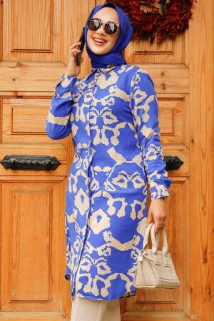 Desenli Sax Mavisi Tesettür Viskon Tunik 11685SX - 3