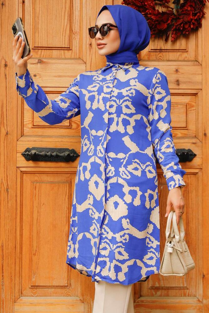 Desenli Sax Mavisi Tesettür Viskon Tunik 11685SX - 4