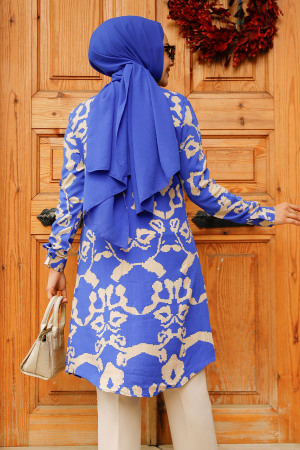 Desenli Sax Mavisi Tesettür Viskon Tunik 11685SX - 6