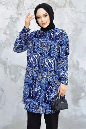 Desenli Sax Mavisi Tesettür Tunik 11725SX 