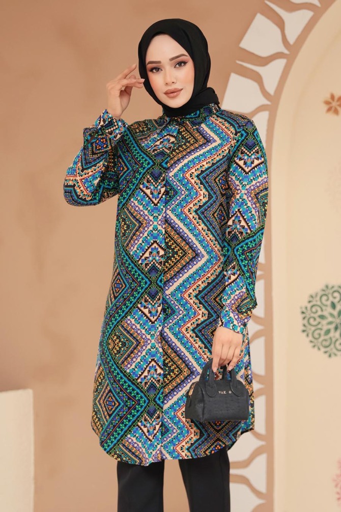 Desenli Sax Mavisi Tesettür Viskon Tunik 11731SX - NEVA STYLE