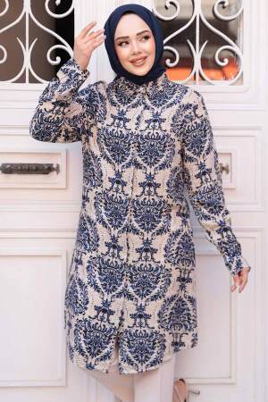 Desenli Sax Mavisi Tesettür Viskon Tunik 11737SX 