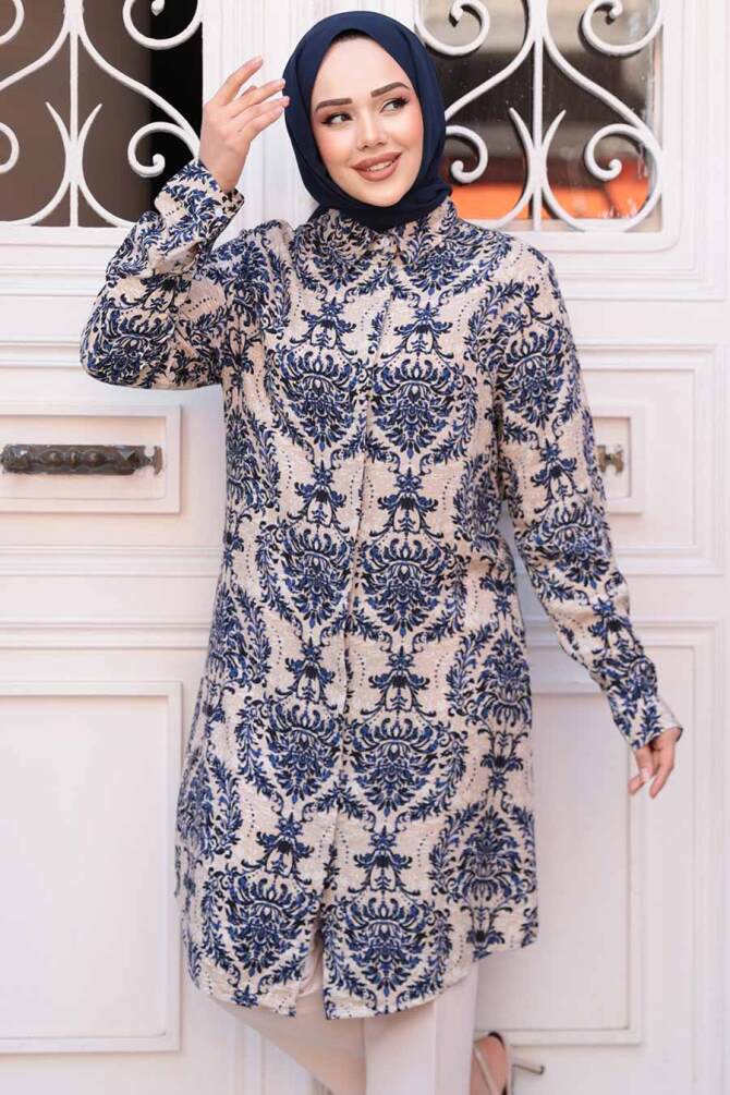 Desenli Sax Mavisi Tesettür Viskon Tunik 11737SX - NEVA STYLE