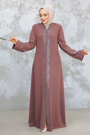 Desenli Şeritli Gül Kurusu Tesettür Abaya 18004GK - 2