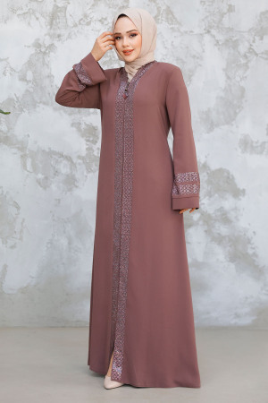 Desenli Şeritli Gül Kurusu Tesettür Abaya 18004GK - 3