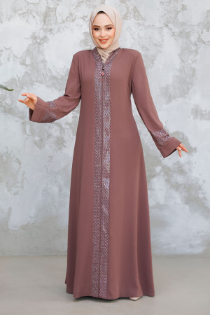 Desenli Şeritli Gül Kurusu Tesettür Abaya 18004GK - 1