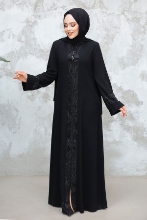 Desenli Şeritli Siyah Tesettür Abaya 18004S - 2