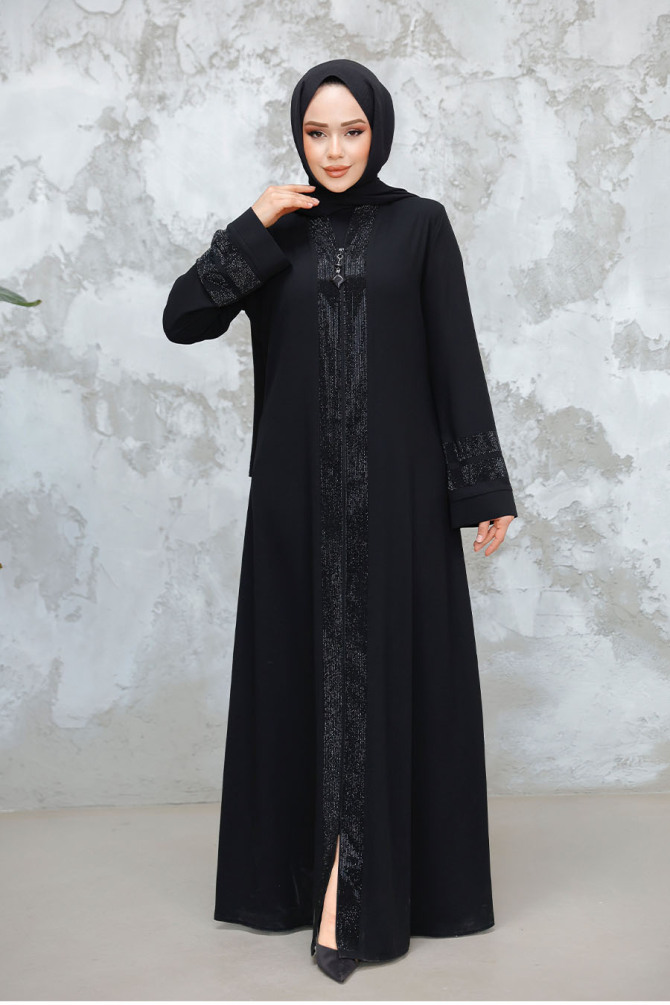 Desenli Şeritli Siyah Tesettür Abaya 18004S - 3