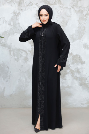 Desenli Şeritli Siyah Tesettür Abaya 18004S - 1