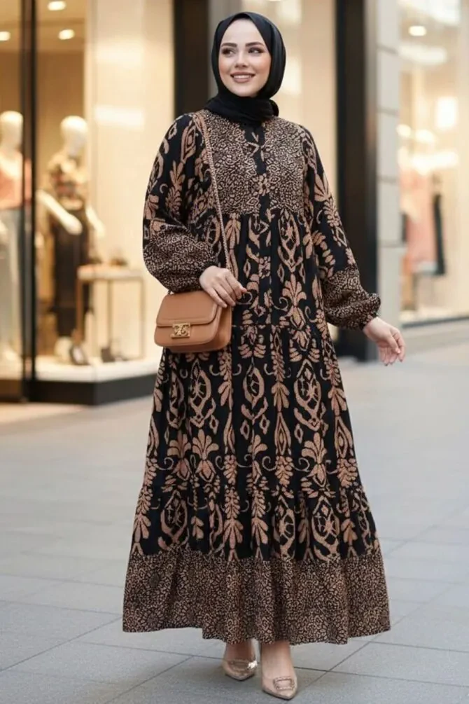 Desenli Siyah Camel Tesettür Elbise 30015SC - 1