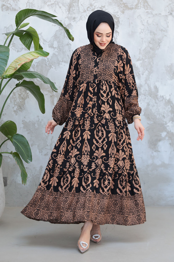Desenli Siyah Camel Tesettür Elbise 30015SC - 1