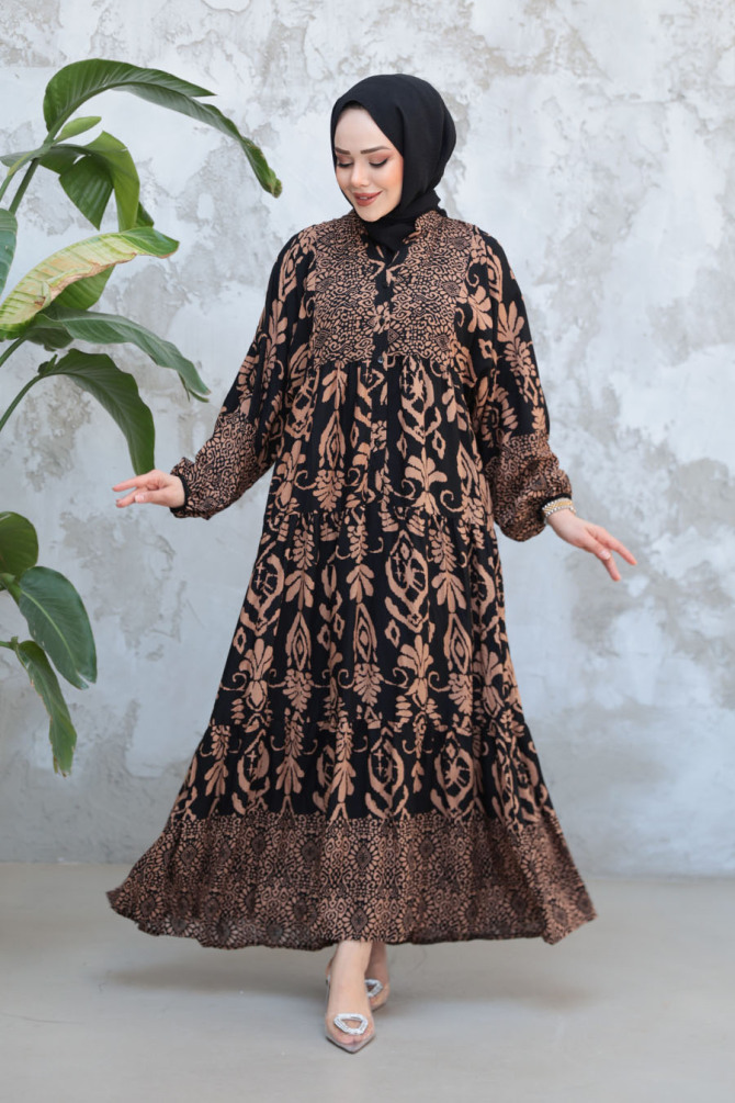 Desenli Siyah Camel Tesettür Elbise 30015SC - 2