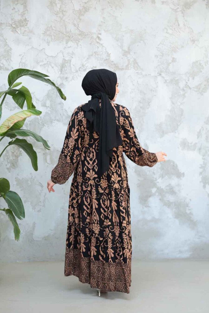 Desenli Siyah Camel Tesettür Elbise 30015SC - 3
