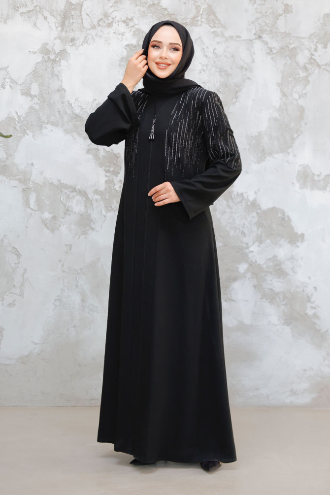 Desenli Siyah Tesettür Abaya 15079S - 2