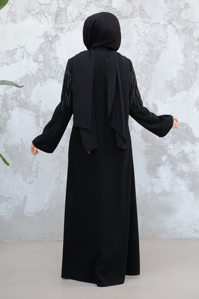 Desenli Siyah Tesettür Abaya 15079S - 3