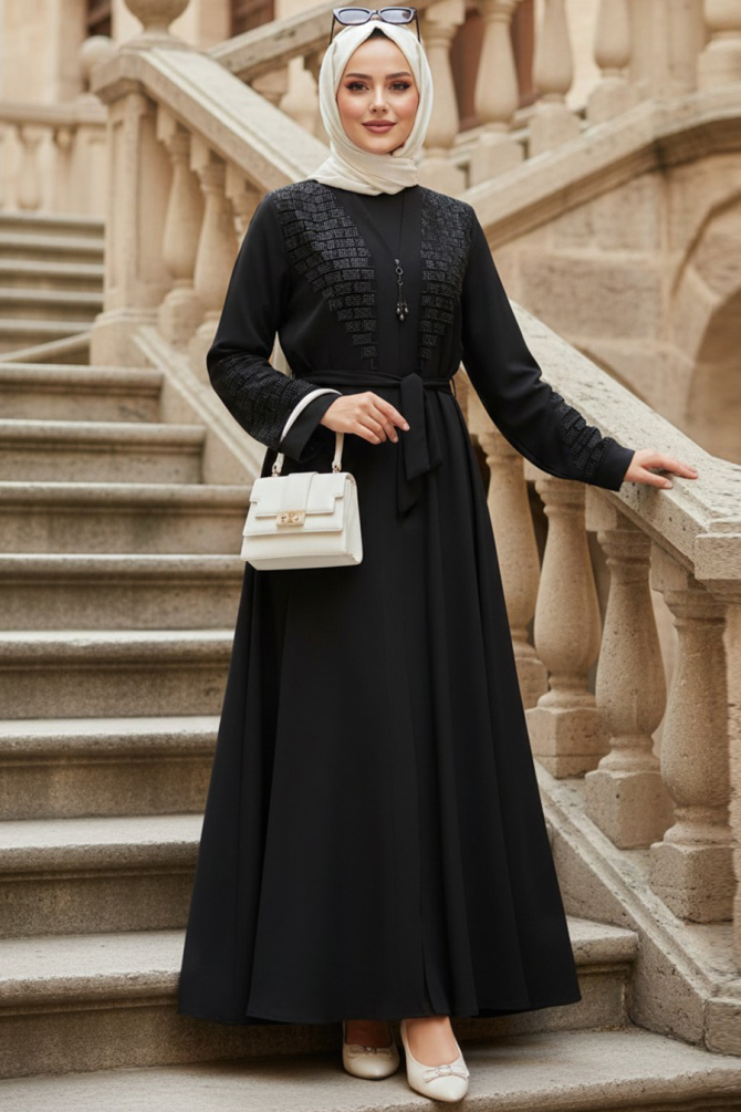 Desenli Siyah Tesettür Abaya 29137S - N.S NEVA STYLE