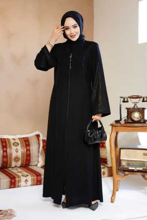 Desenli Siyah Tesettür Abaya 41569S - 3