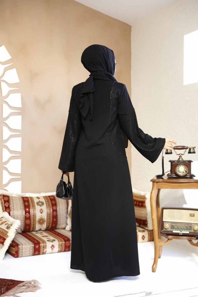 Desenli Siyah Tesettür Abaya 41569S - 6