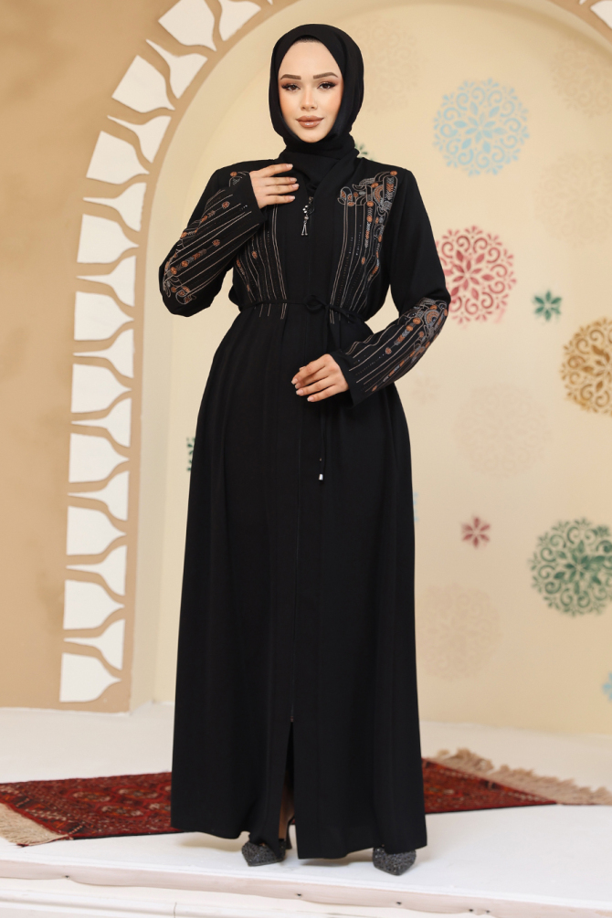 Desenli Siyah Tesettür Abaya 45302S - 2